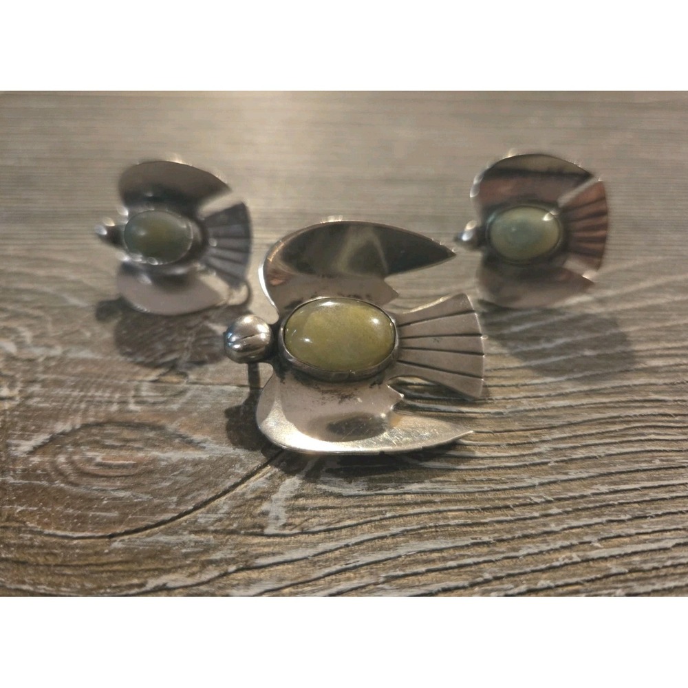 VTG Mexico Sterling Brooch & Clip Earrings PEYOTE BIRD Green Stones 1940's